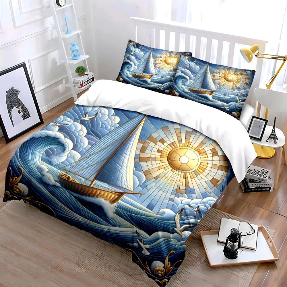 "Ocean Sailing Home Decor Set" Soft Comfortable Duvet Cover Bedding Set Included 1*Duvet Cover & 2*Pillowcases gift