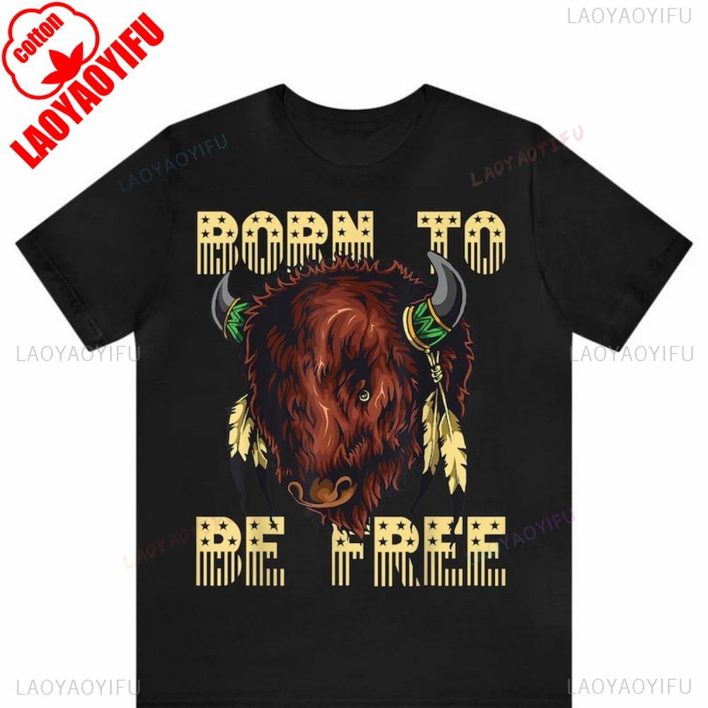 Born To Be Free Native Bison Symbol TShirt American Indian Graphic Tees Native American Pride Shirt Unique Bohemian Style Tops S