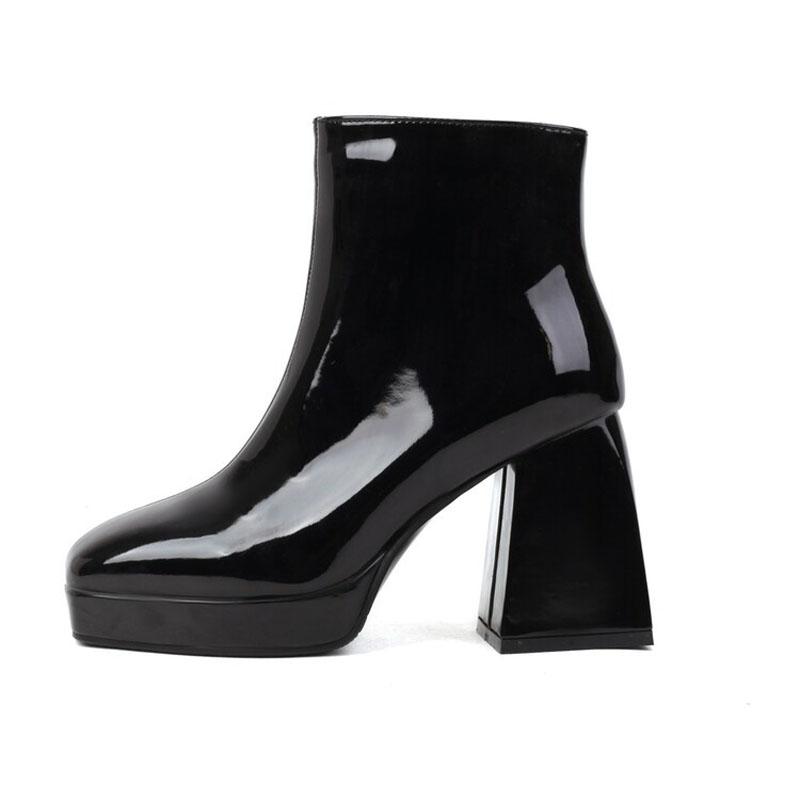 Bonbonfarbene Damenstiefel Kundenspezifische eckige Zehen Lackleder Hohe Absätze Stiefeletten Damen Plateau-Schuhe Winterpumps Botas WSH4986