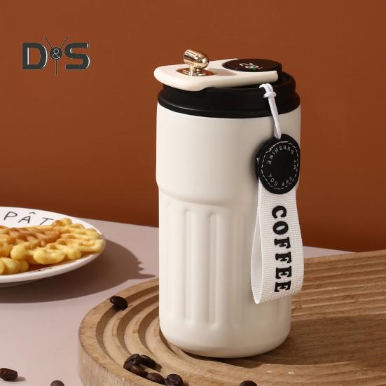 Cana termica de cafea cu afisare a temperaturii 450 ml capac rezistent la scurgeri Cana de cafea reutilizabila din otel inoxidabil Cana cu vid cald si rece pentru iubitorii de cafea