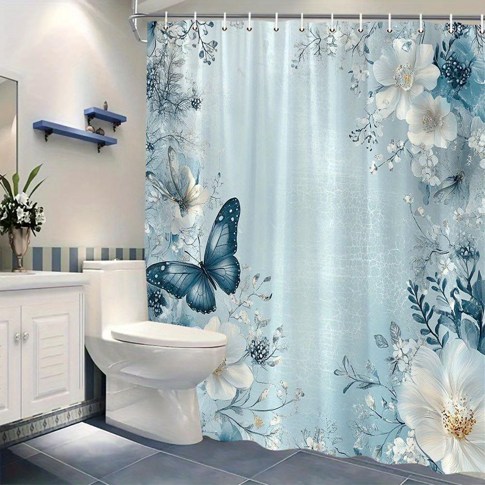 Botanical Curtain - Blue Butterfly & Flowers, White Roses & Lilies, Light Blue, Polyester,  Machine Washable, Elegant Bath