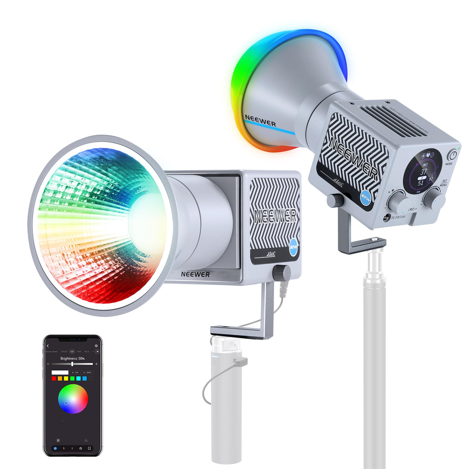 

NEEWER HS60C 60W RGB LED Video Light Portable Handheld APP 2.4G Panel Control 8700Lux 1m 2700-6500K CRI97+ COB Constant Light Studio Video Streaming