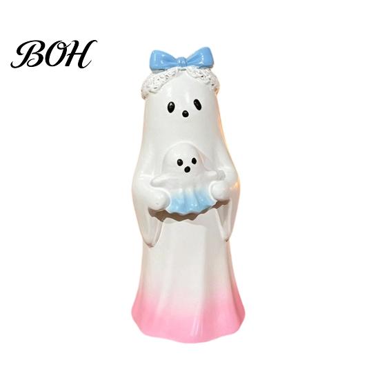 Desktop Decor for Halloween Cute Ghost Ornament, Resin Figurines with Cake/Cookie Design Fireplace Home Holiday Party Decoration Fun Gifts Kids