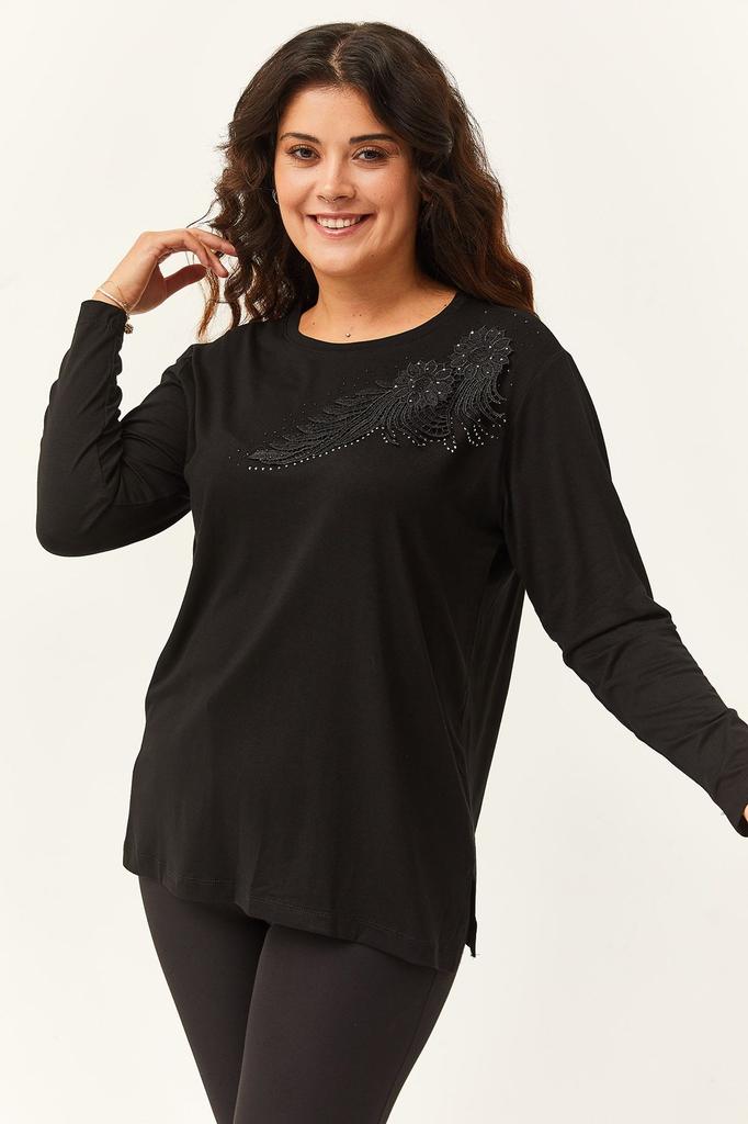 Damen Übergröße Bluse Große Größe Vordere Blattstickerei Guipure-Detail Schwarze Bluse