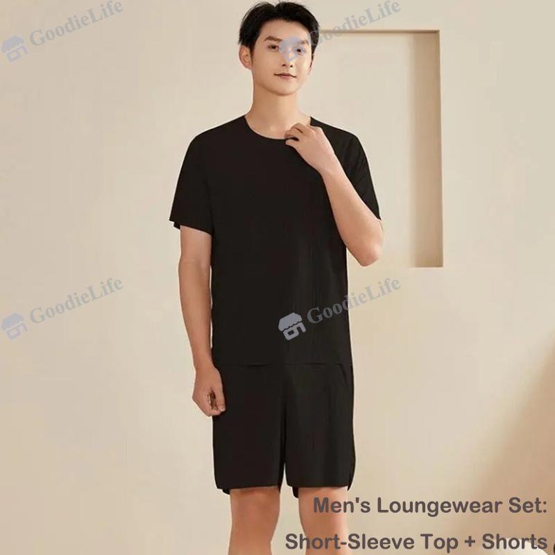 Комплект пижамы из ледяного шелка для пары, летний, женский, с круглым вырезом, с коротким рукавом, длинные брюки, мужской, шорты, бесшовная домашняя одежда L MAN чёрный
