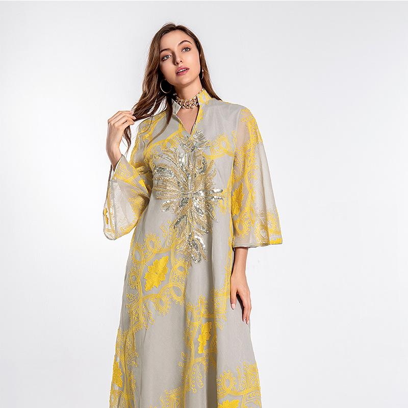 AB114 Middle Eastern Ethnic Style Sequin Burnout Abaya Evening Dress for Women