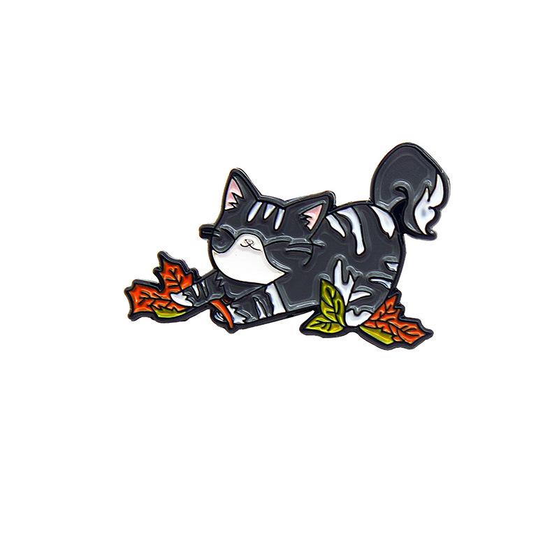 Blue-Sweatered Lazy Cat Resting with Unique Gray Stretching Cat Oil-Drip Brooch.