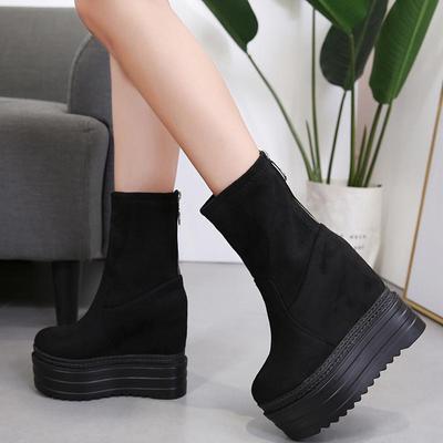 Γυναικεία φθινοπωρινά παπούτσια Wedge Suede ελαστική πλατφόρμα Μποτάκια αστραγάλου Casual παπούτσια με φερμουάρ μαύρο πανκ