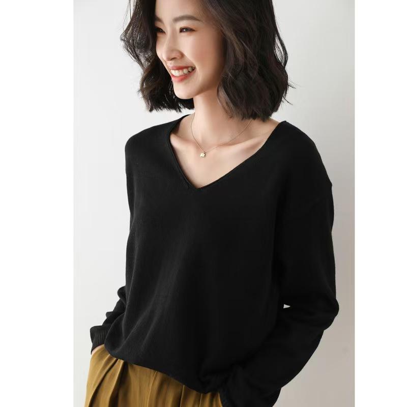 Fashion Korean Women Loose V-Neck Solid Pullover Sweater Autumn And Winter Long-Sleeved Knit Bottoming Shirt Large Size Sweaters