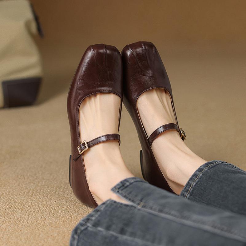 New Four-season Leather Shoes Casual Solid Color Buckle Women's Low-top Shoes Single Shoes Low-heeled Flat Shoes Square Head Square Heel