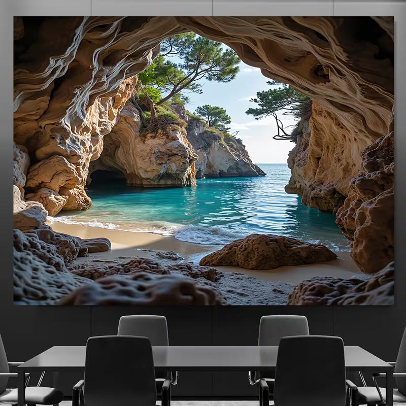 2D Mediterranean Cliff Pine Beach Background for Summer Holiday Party Decoration