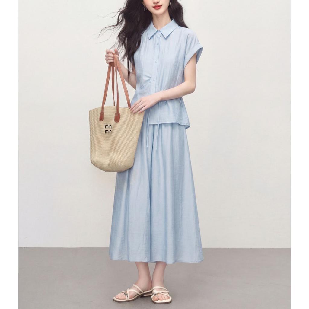 Women's Turn Down Collar Short Sleeve Loose Fit Solid Color Shirt Wide Leg Ankle Pants Two Piece Set