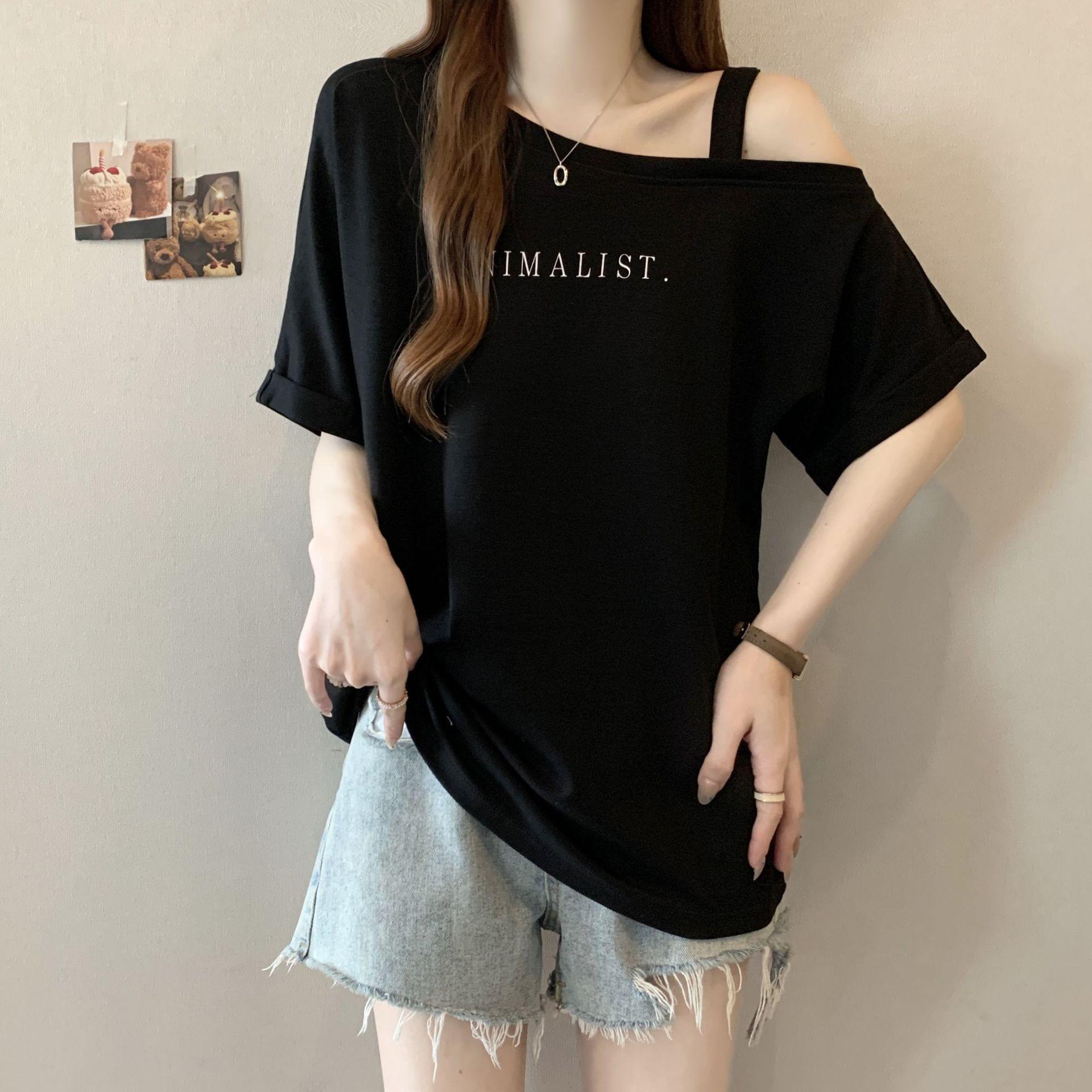 

Women s Plus Size Off-Shoulder Letter Print Short Sleeve T-Shirt - Versatile, Loose Fit, Flaw-Covering Summer Top S (for 60-80 jin) чорний