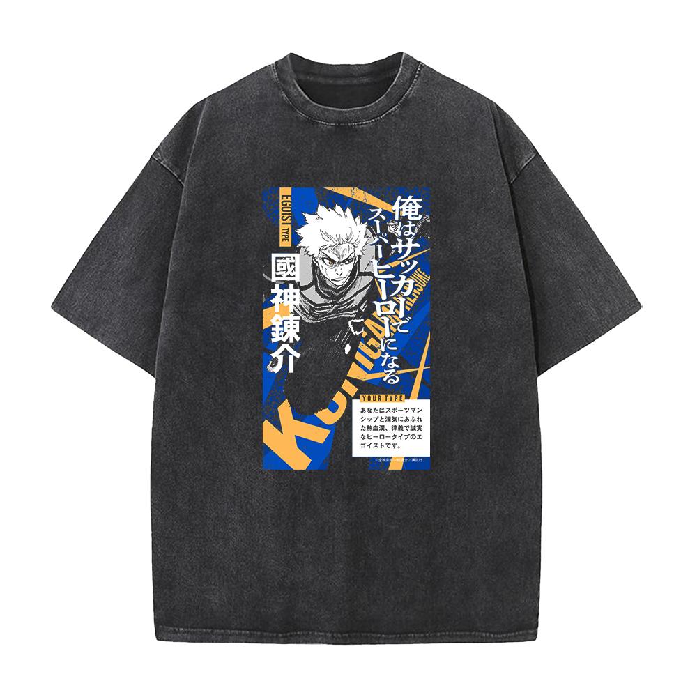Anime Blue Lock Rensuke Kunigami Cool Graphic Washed Tshirt Men Manga T-shirts Casual Tee Harajuku Male Cotton Vintage T Shirt