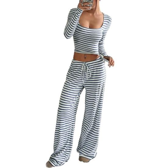 Women's Striped 2 Piece Outfits Long Sleeve Square Neck Cropped Top Drawstring Wide Leg Pants Set Casual Lounge Sweatsuits