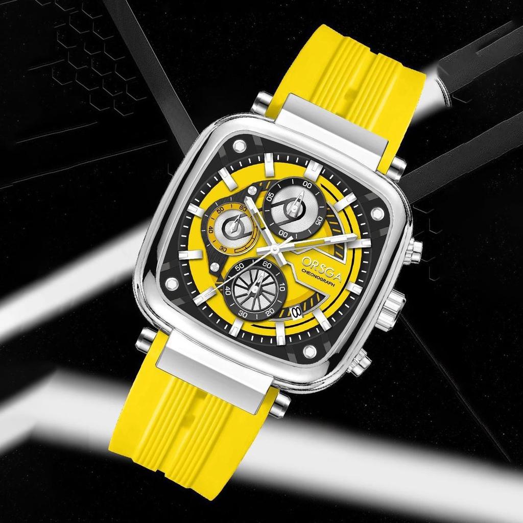 Mens Square Chronograph Watches Waterproof Luminous Quartz Wrist Watch with Silicone Strap
