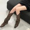 Fashion New Cowboy Western Knee High Boots Woman Chunky Heel Pointed Toe Long Botas Ladies Stylish Motorcycle Shoes with Rivets Boots