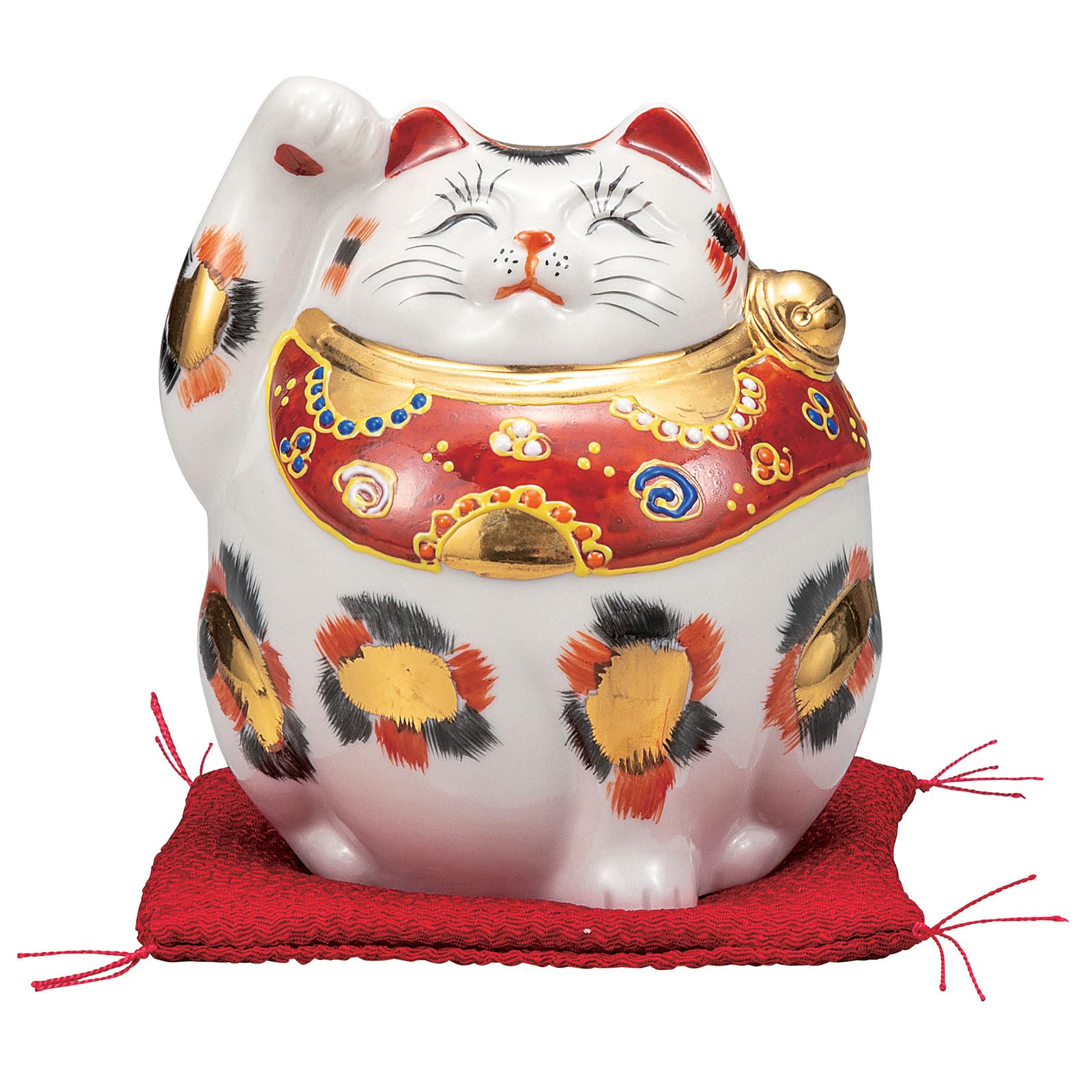 

Kutani Ware with Gold Size 11cm Maneki-neko (Lucky Cat) Figurine, Right-Handed, Cushion, Calico, 4, Tall, K9-1545 белый