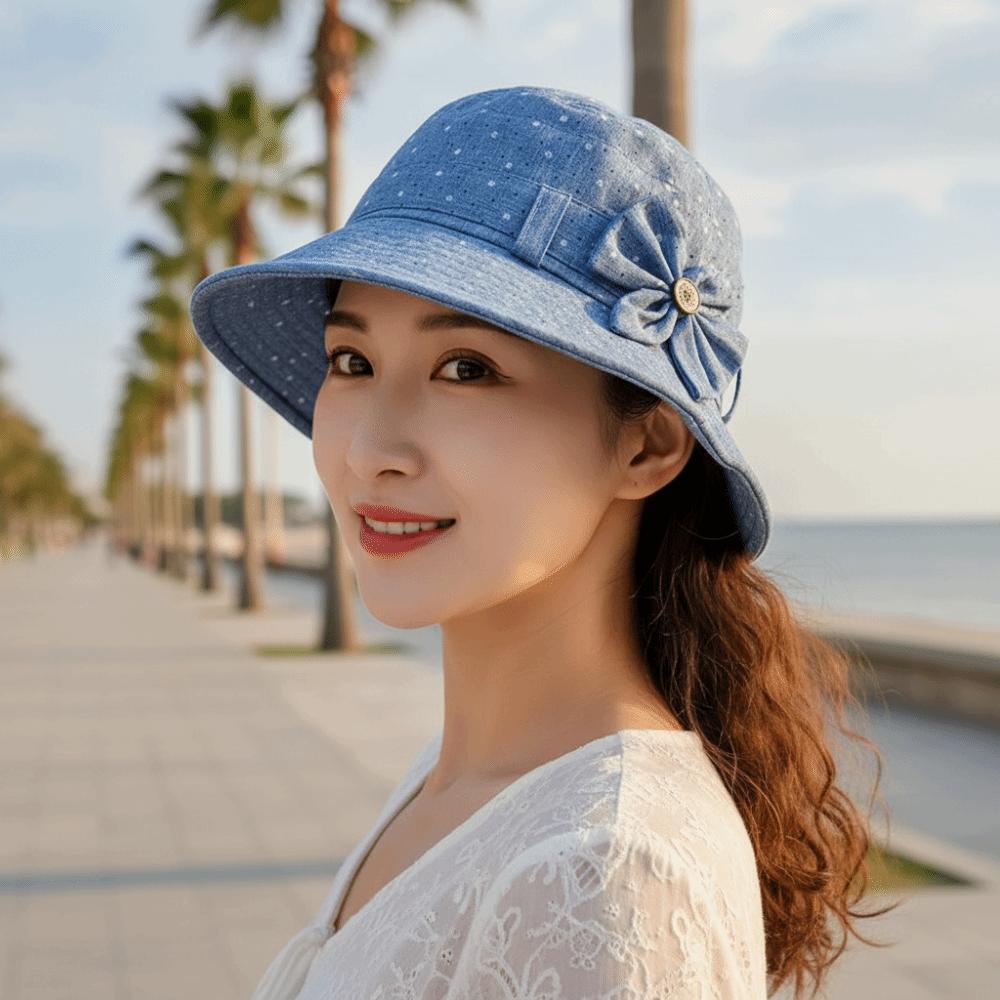 Wide Brim Bow Fisherman Hat Button Cloth Material Bucket Hat All-matching Design Thin Elderly People's Large Brim Cap Travel