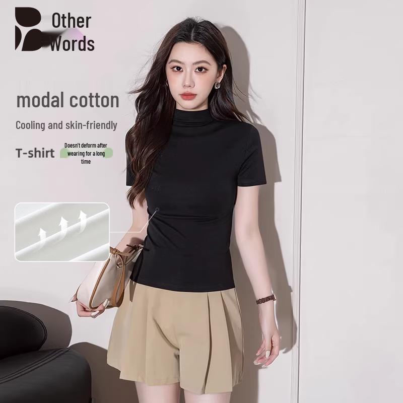 

Women s Slim Fit Half-High Neck Ice Silk Short Sleeve T-Shirt 2XL