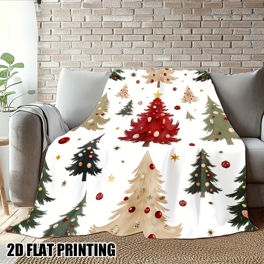 1pc Christmas Trees Pattern Printed Flannel Throw Blanket - Soft & Cozy All-Season Retro Design with Red, Green, Golden & White