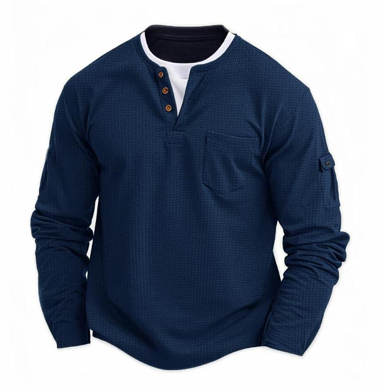 

Мужская рубашка-henley с пуговицами, длинный рукав, повседневная, однотонная, модная, вафельный хлопок, имитация двухслойной футболки S темно-синий