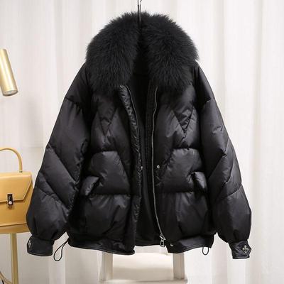 Big Size Women's Fat Sister Winter Cotton Coat Female Hair Collar Loose Bright Surface Down Cotton Jacket Coat