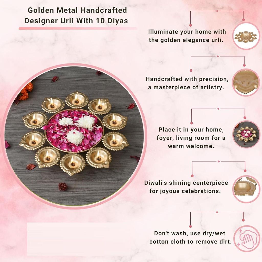 Urli Decorativo de Flor Metálica Dourada Feito à Mão com 10 Diyas | Tigela Urli para Decoração de Casa com Flores Flutuantes | Itens de Decoração de Diwali para Decoração de Casa