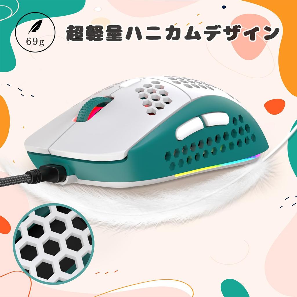 MAMBASNAKE M8 Gaming Mouse Honeycomb Design 69g Ultra Light RGB Wired Mouse 6 Level DPI Adjustment USB Connection Port Programmable 7 Buttons