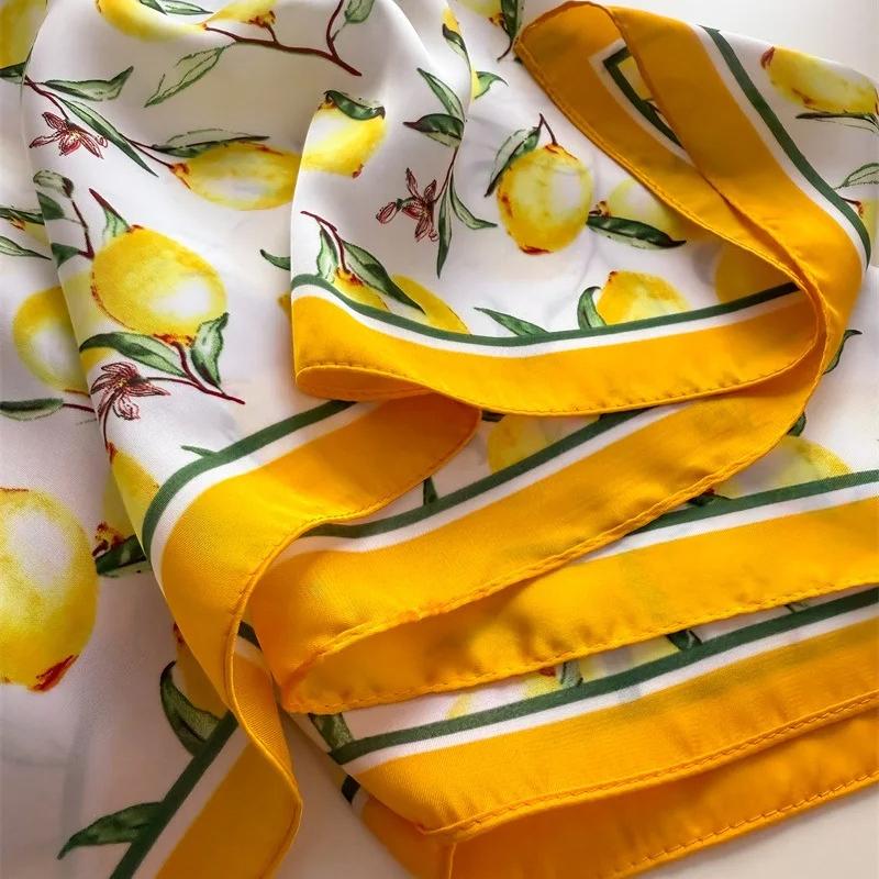 Yellow Lemon Print Silk Scarf 70x70cm Women Square Headban