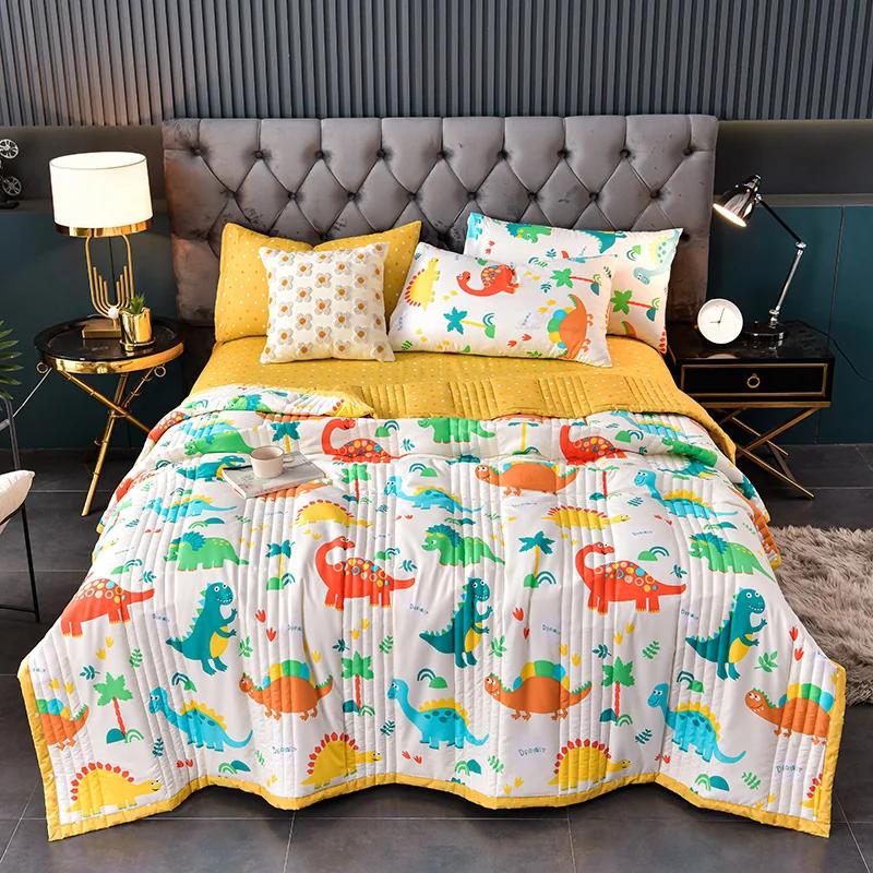 Children Cartoon Dinosaur Quilt Washed Air Condition Thin Comforter Blanket Bedspread for Single Double Queen King Bed Coverlet