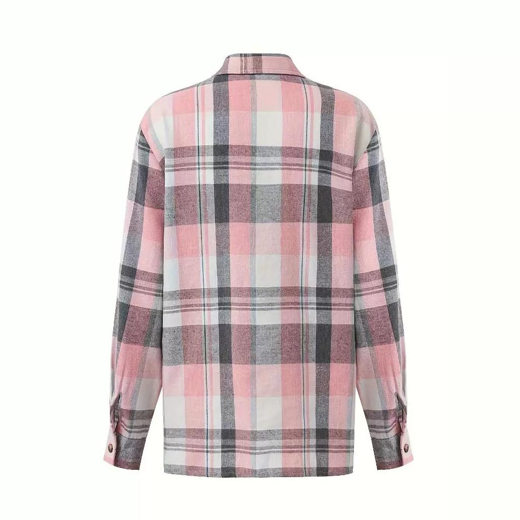 Women Coat Spring Autumn Loose Plaid Pocket Splicing Shirt Coat Women Long Sleeve Single-Breasted Cardigan Turn-Down Collar Blouse