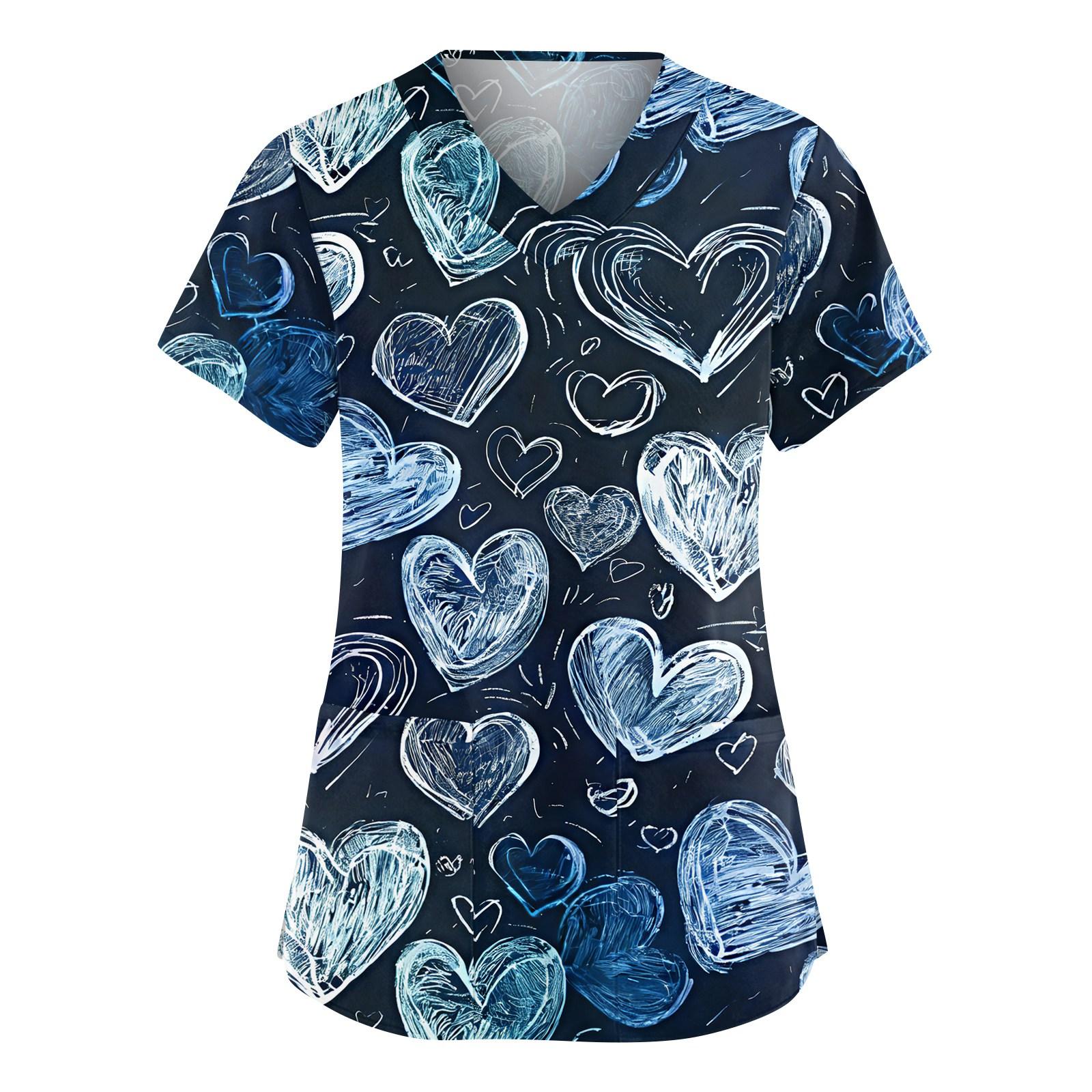 

Женский модный рабочий топ с V-образным вырезом, принтом, короткими рукавами, карманом, боковым разрезом, базовый пуловер L синий