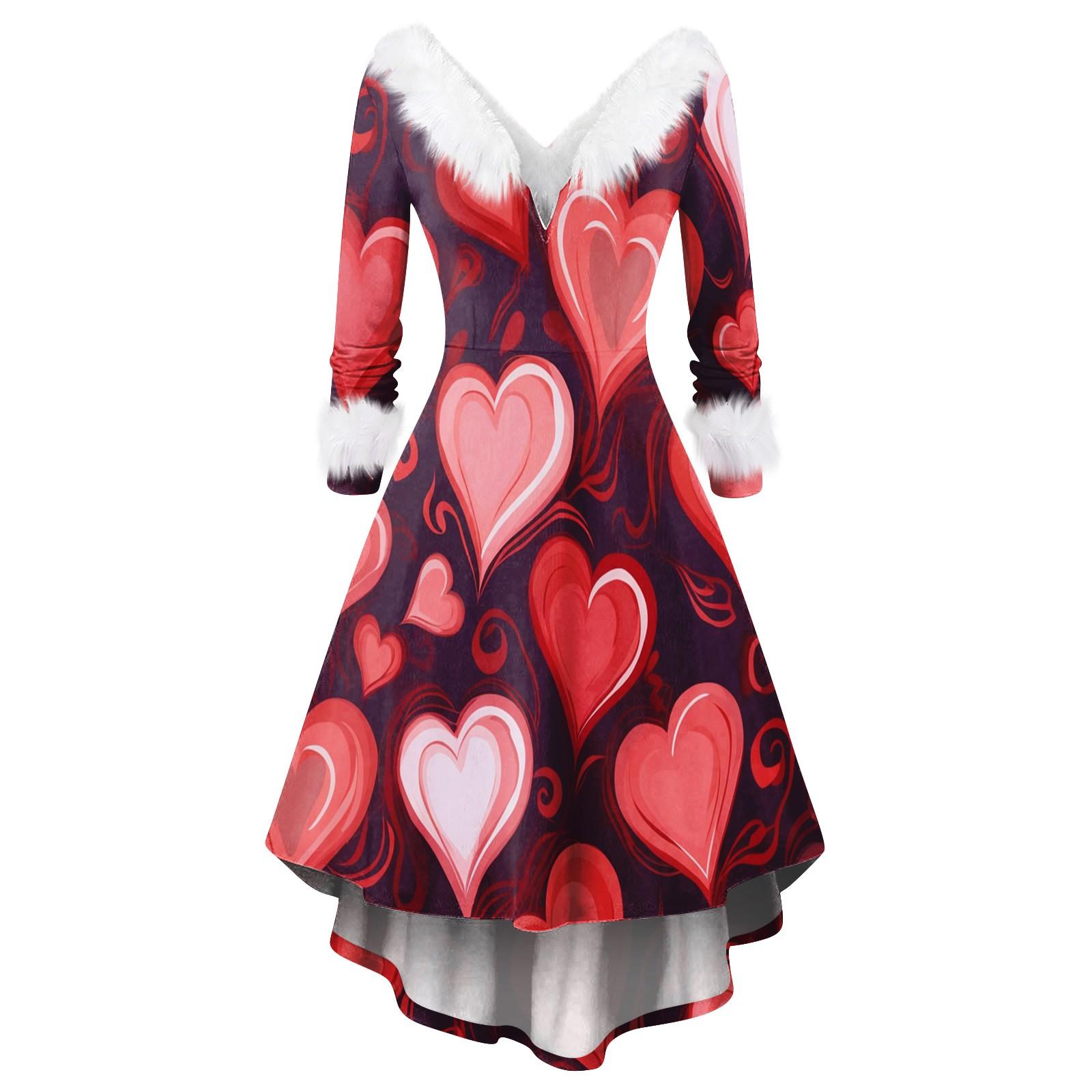 Women s Valentine s Day Love Heart Print Fashion V-neck Casual Slim Fit Furry Party Long Sleeve Dress XXXXXL