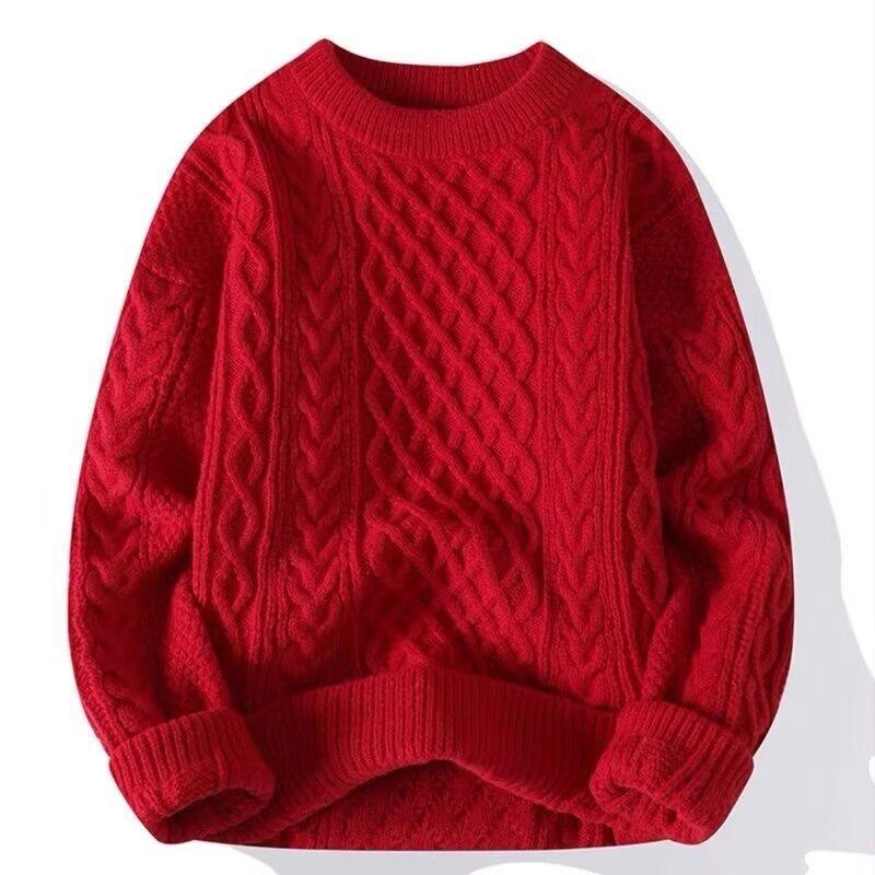 Męski sweter dzianinowy z warkoczem luźny długi rękaw gruby ciepły casualowy pulower