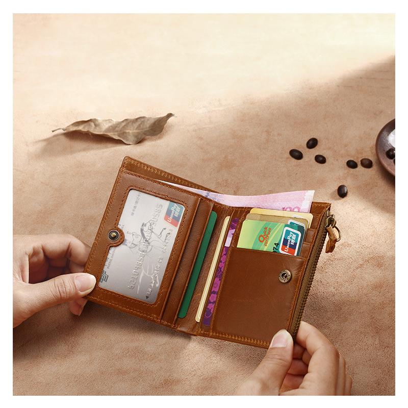 Kohudsolja vax läder plånböcker för män Rfid Retro Casual Dubbel dragkedja Kort slimmad plånbok