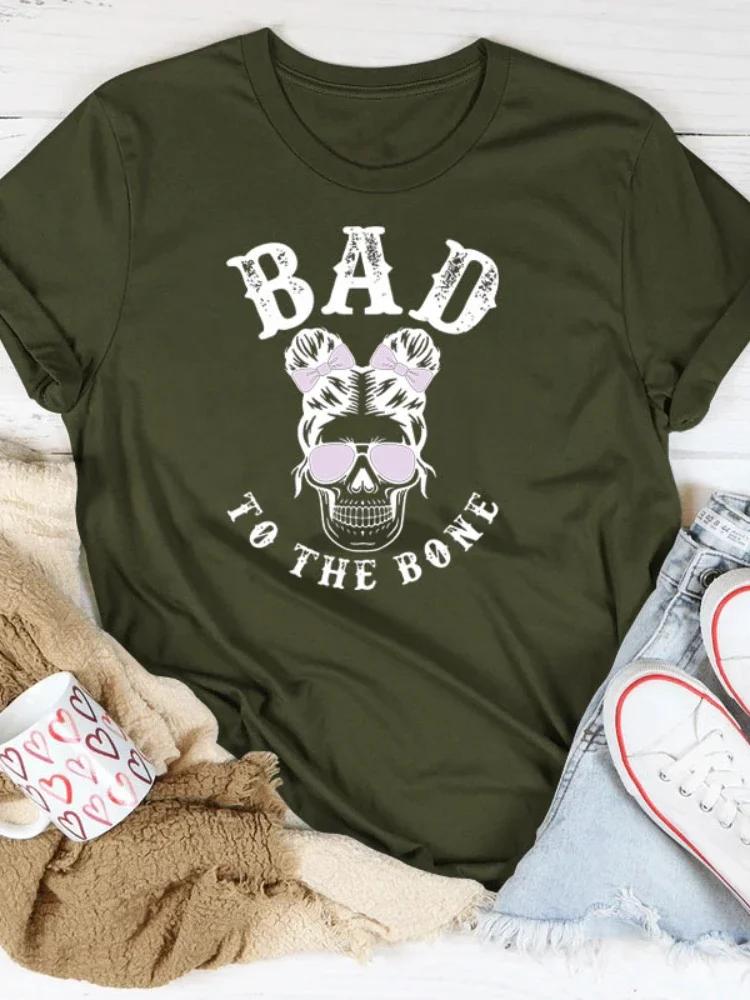 BAD TO THE BONE Skull Head Print Women T Shirt Short Sleeve O Neck Loose Women Tshirt Ladies Tee Shirt Tops Camisetas Mujer