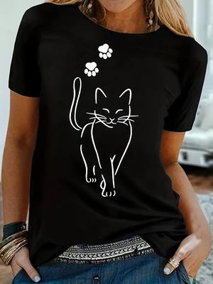 Katzen-Print T-Shirt Kurzarm Rundhalsausschnitt Lässiges Oberteil für Sommer & Frühling Damenbekleidung