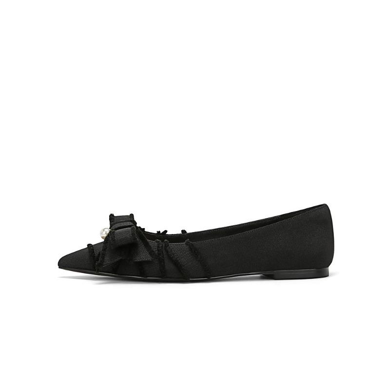 Carver Daughter Pointed Bow Pearl Flat Commuter Shoes Women's High Heels Wedding Shoes