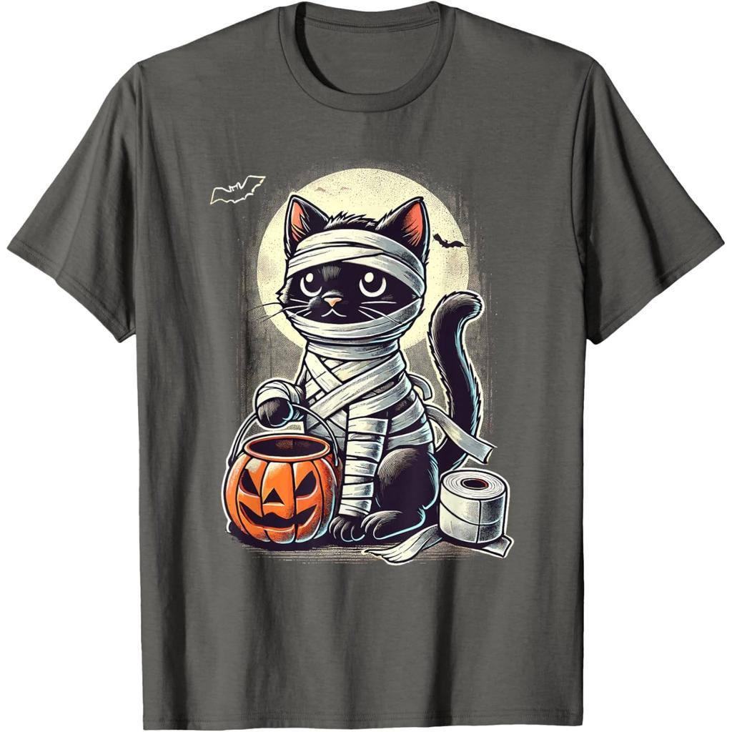 Mummy Black Cat Halloween Graphic Tee Cute Cartoon Kitten Trick Or Treat T-Shirt
