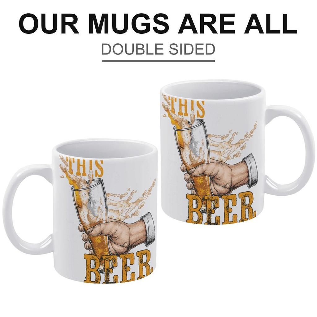 1pc 11oz Ceramic Mug with Double-Sided Print for Beer Fans, Perfect Daily Coffee Cup