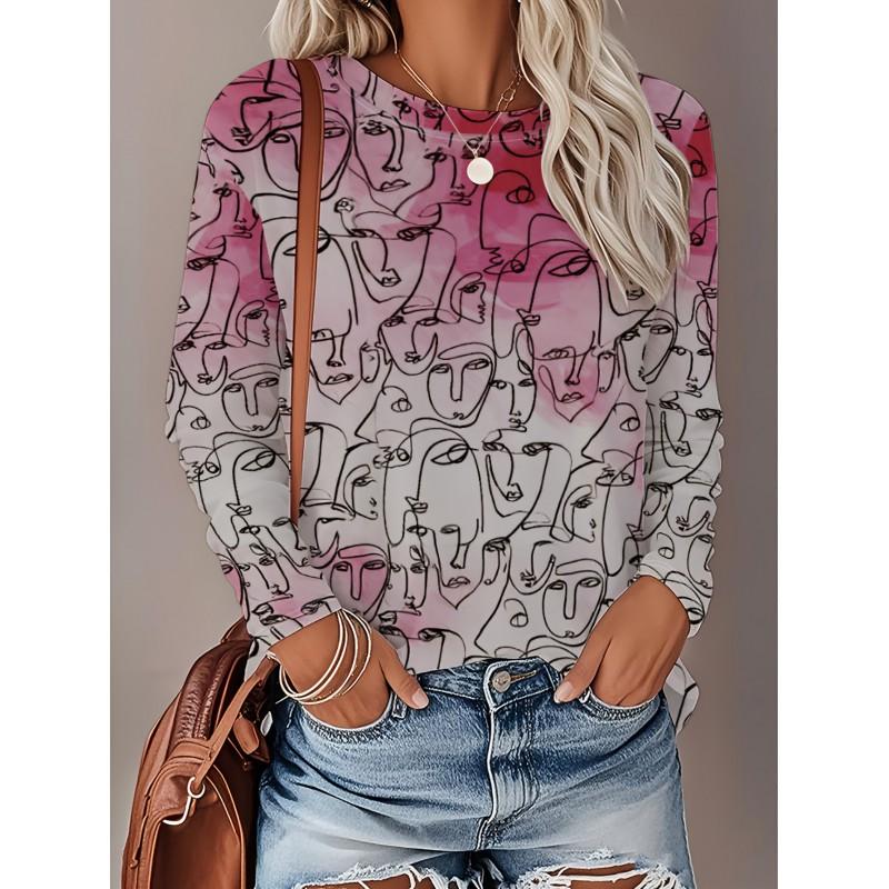 Womens Loose Fit Long Sleeve Round Neck T-Shirt With 3D Dinosaur Christmas Tree Print Milk Silk Fabric
