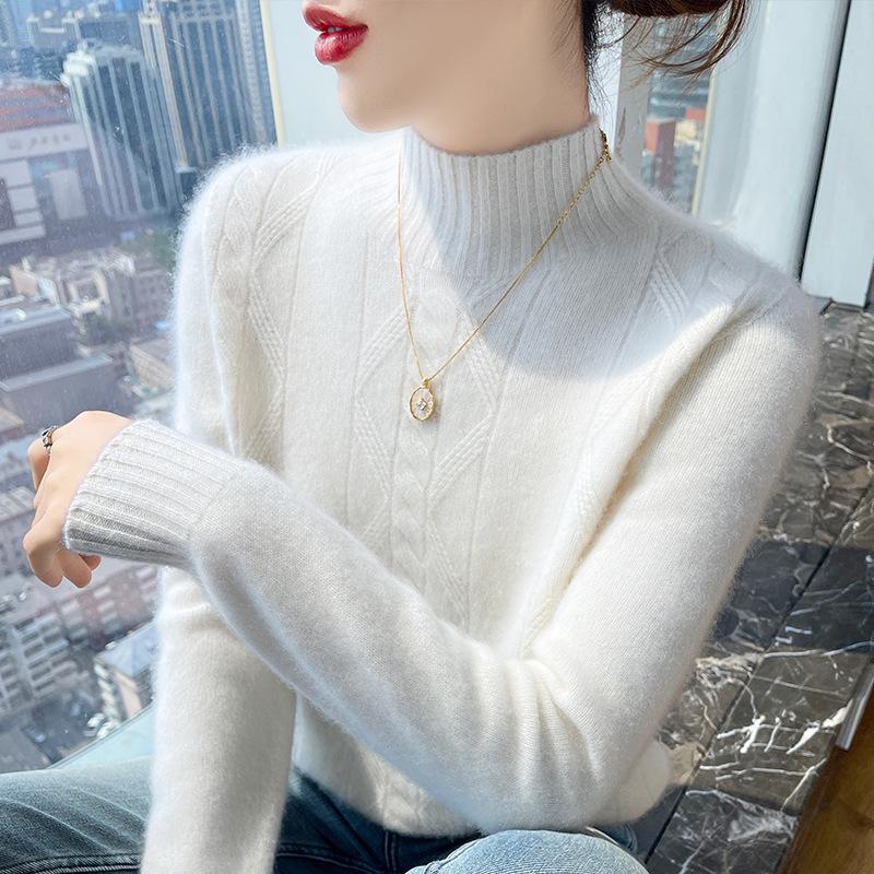 Damski wełniany sweter z golfem o splocie diamentowym - Wyszczuplający, wszechstronny pulower jesienno-zimowy