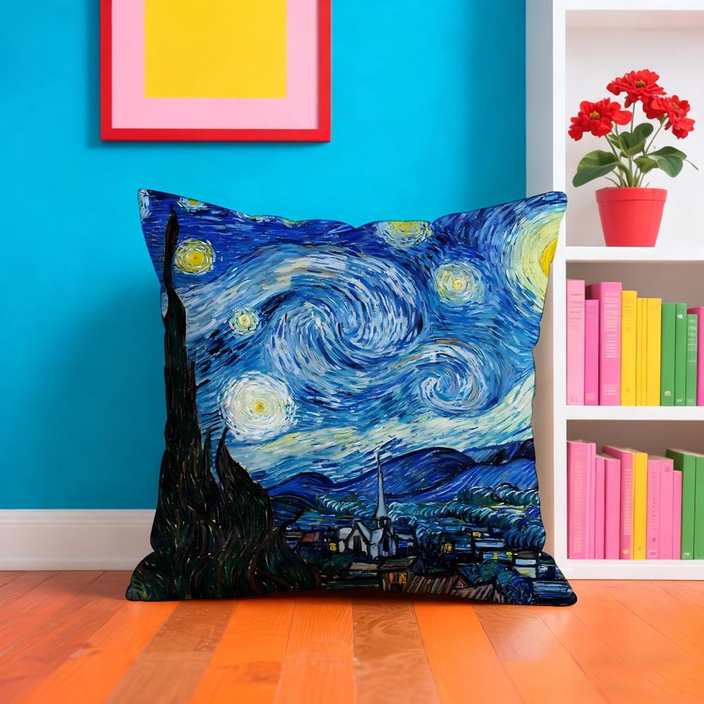 Van Gogh Oil Painting Cushion Cover Plush Fabric Soft Double-Sided Printed Sofa Warm Winter Home Gift Cushion Cover
