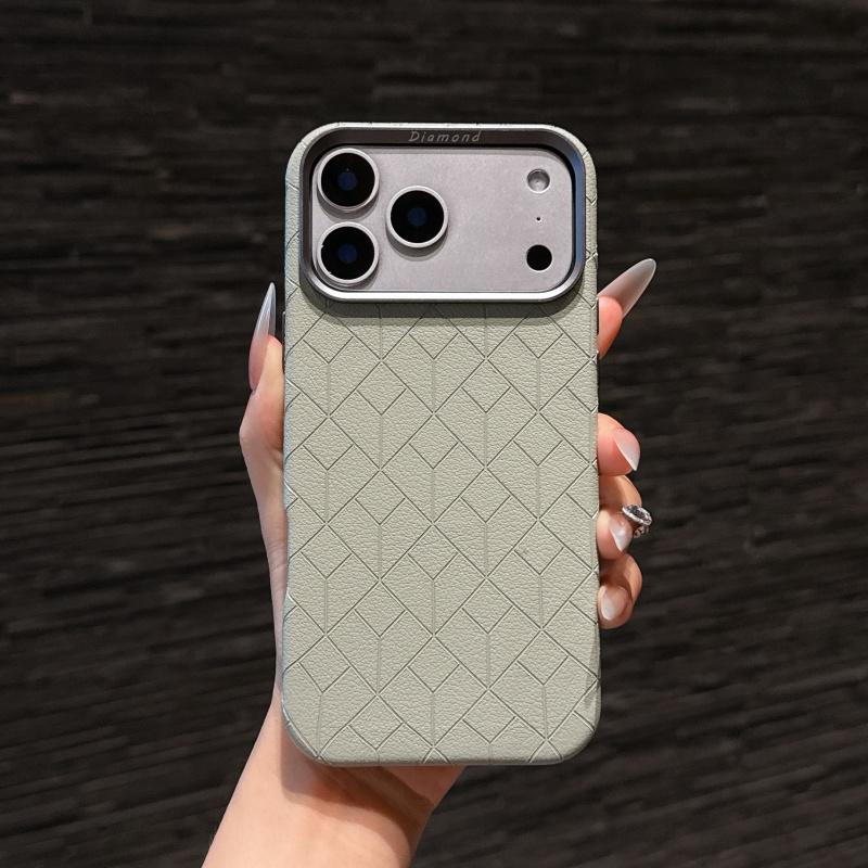 Diamond Grid PU Leather For Magsafe Case For iPhone 17 16 15 14 13 Pro Max Air Metal Lens Heightening Anti-drop Protector Cover