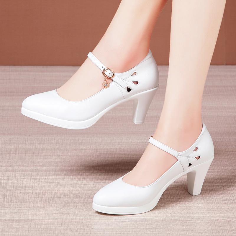 Woman Genuine Leather Shoes Women Pointed Toe Pumps Solid Shallow High Heels Wedding Party Work Shoes Plus Size 32-43