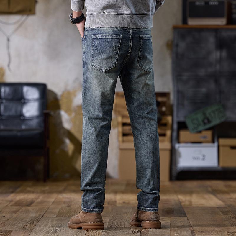 Fashion commuter jeans trendy brand slim small feet denim boys slim straight pants elastic retro denim trousers