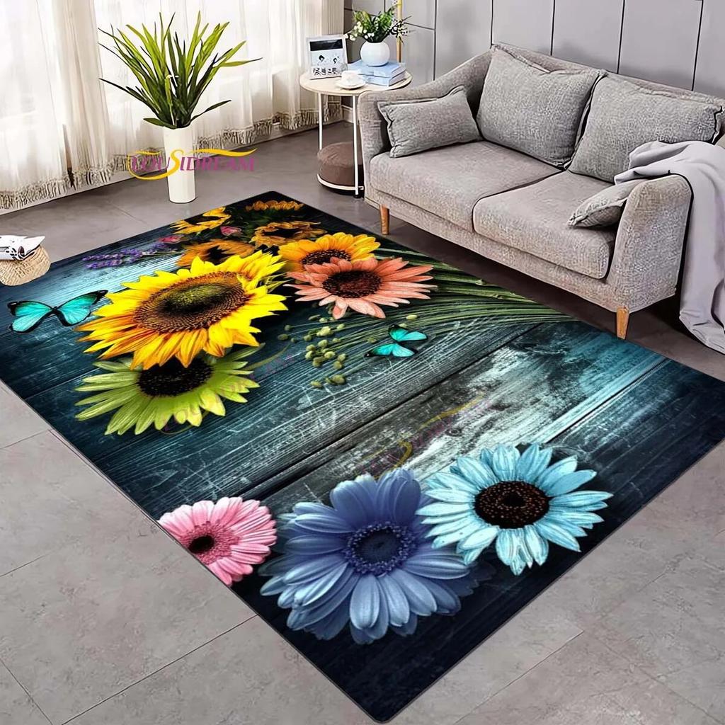 Koberec 3D Daisy Flowers Butterflies Velkoplošné koberce Barevný Butterfly Sunflower Koberec do obývacího pokoje Ložnice Herna Domácí dekorace