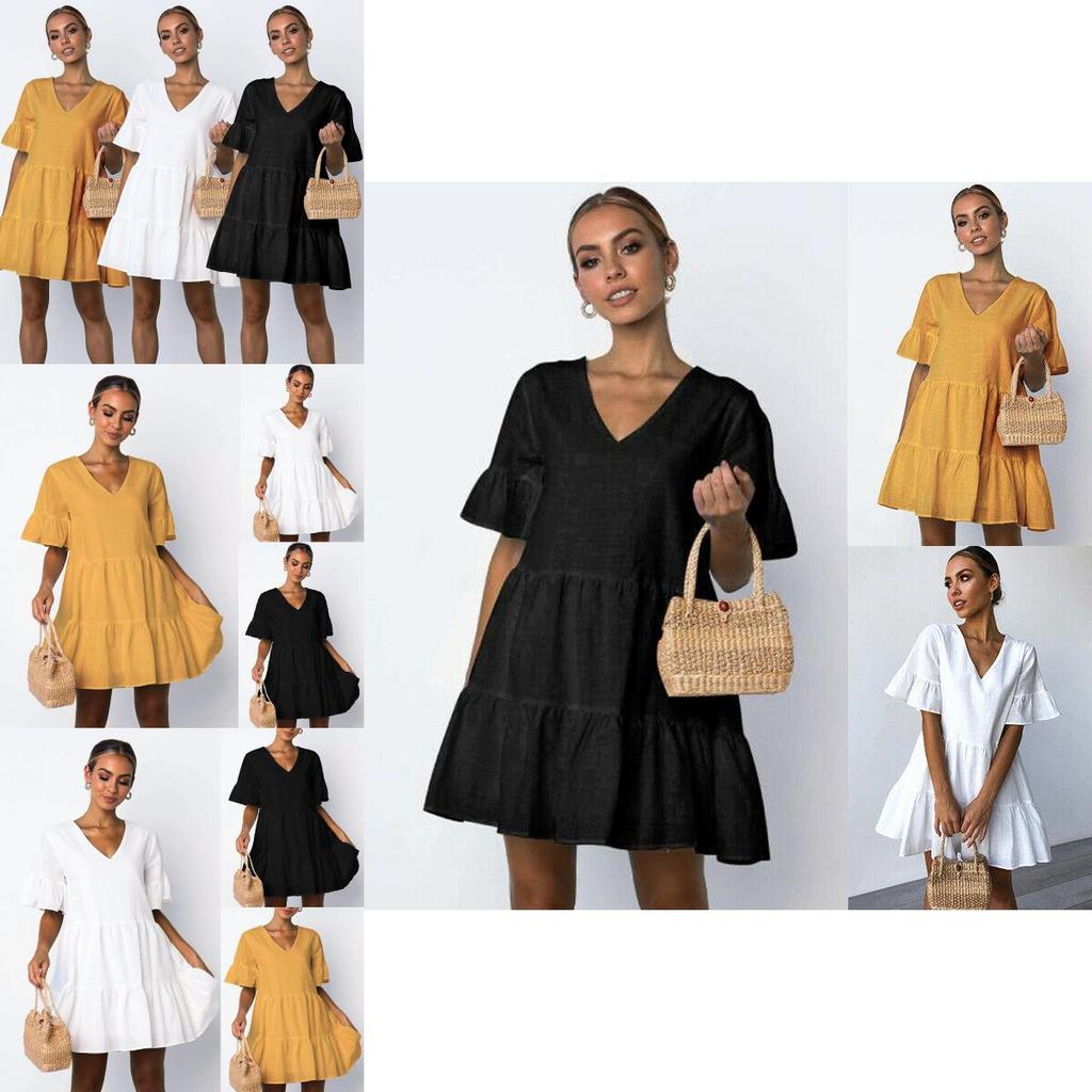 Elegant Women V-neck Plain Smock Dress With Loose Fit And Short Sleeve Design