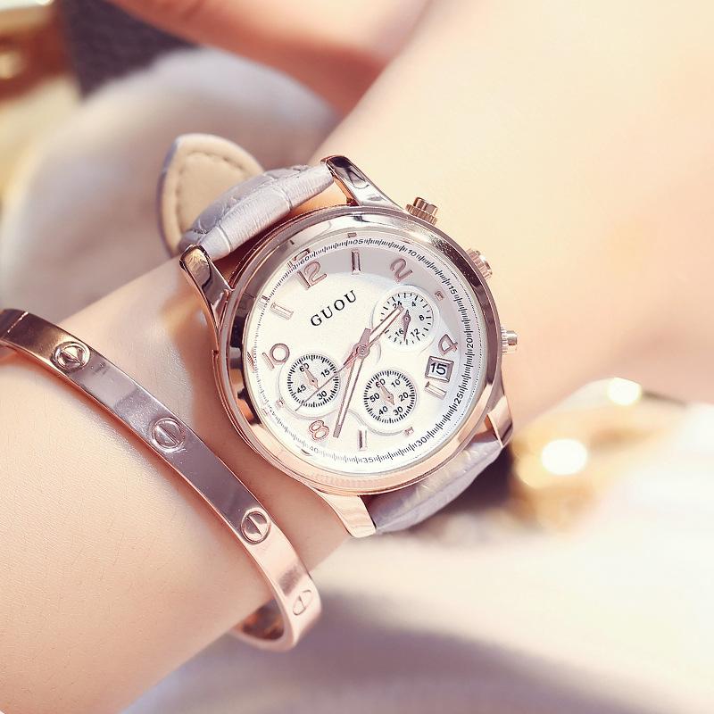 Genuine Leather Watch Casual Retro Fashion Three Eyes with Calendar Large Dial Fashion Women's Watch